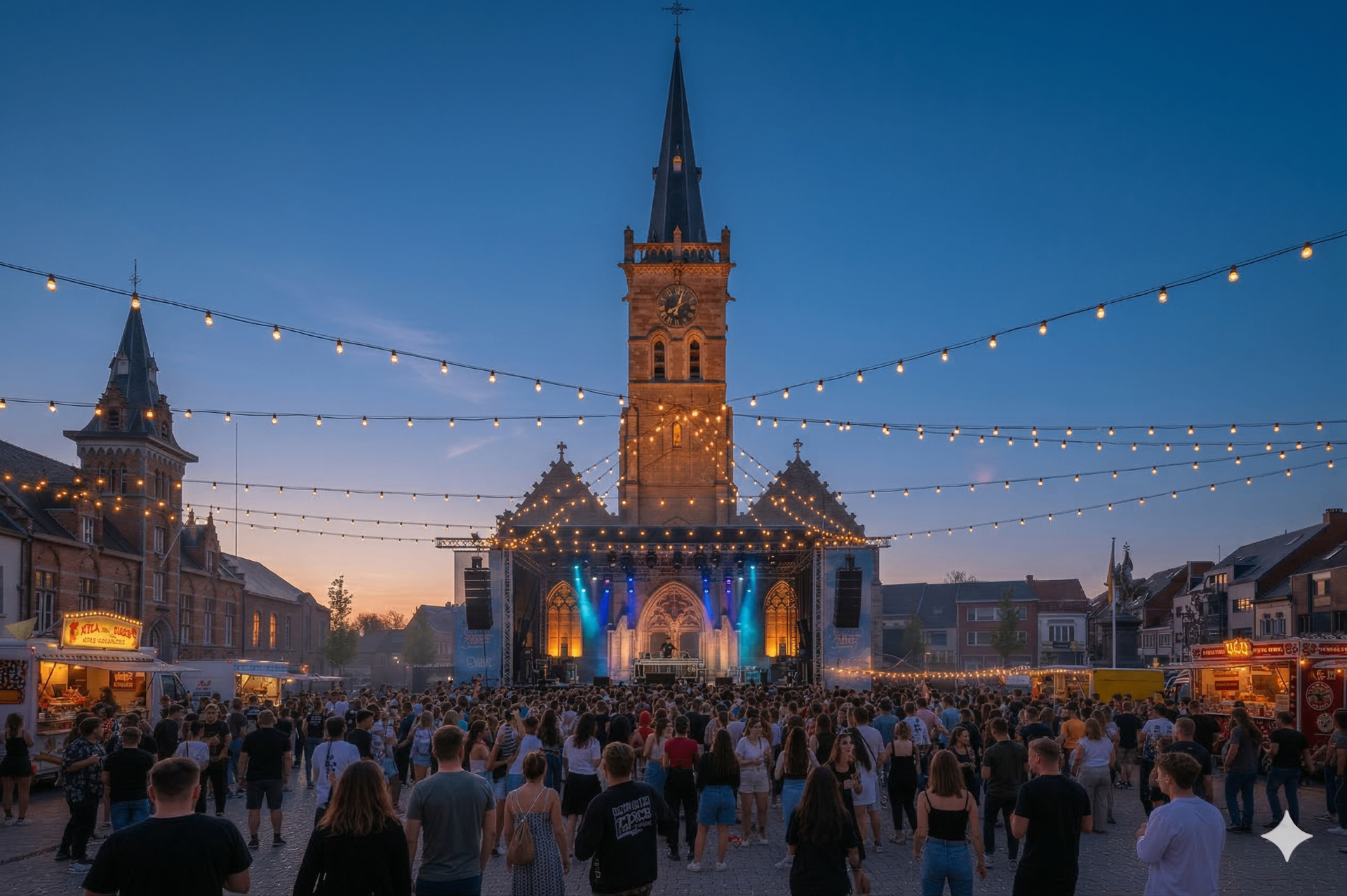 Volksbal podium aan de kerktoren van Lede met dansend publiek